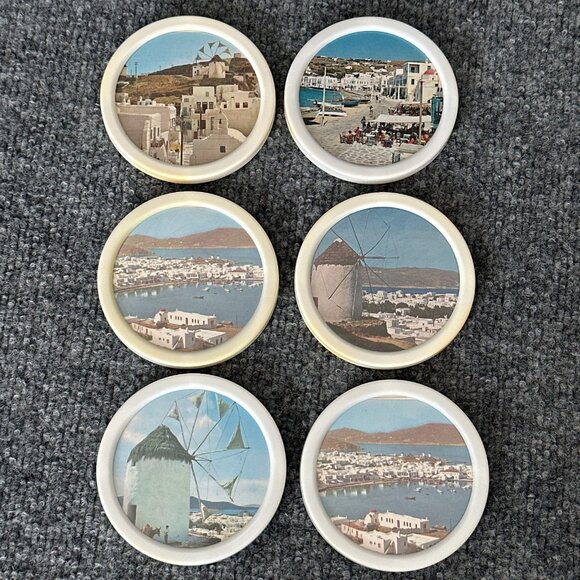 Handmade Other - Vintage Greece Coasters White Plastic Travel Destination Photographs Set of 6